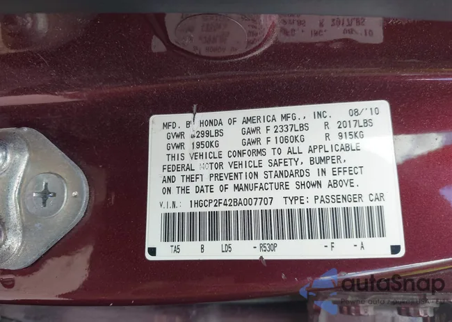 1HGCP2F42BA007707: 43063499