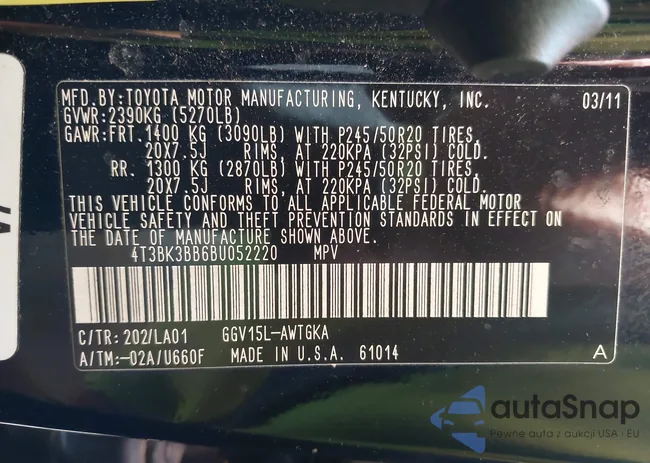 4T3BK3BB6BU052220: 43063740