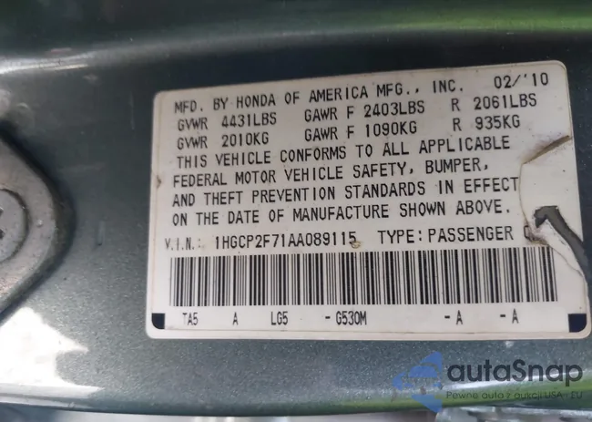 1HGCP2F71AA089115: 43065193