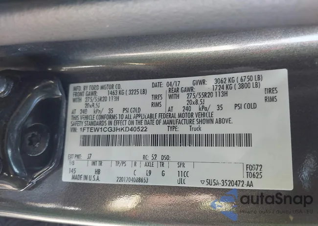 1FTEW1CG3HKD40522: 43066103