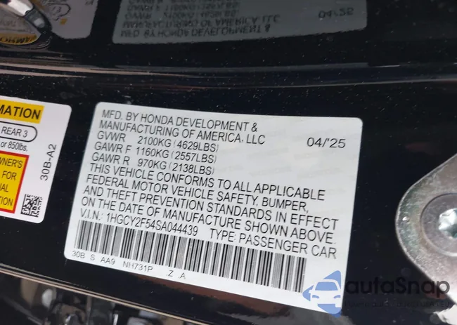 1HGCY2F54SA044439: 43066163