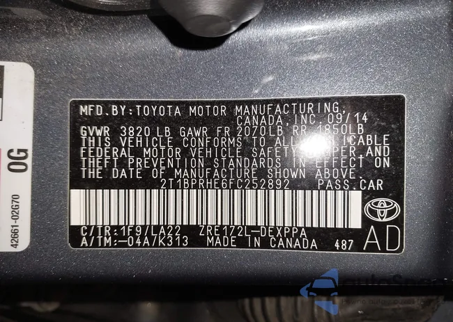 2T1BPRHE6FC252892: 43069074