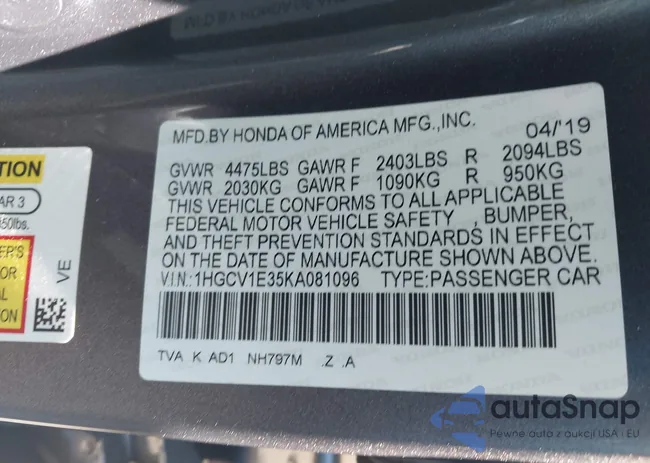 1HGCV1E35KA081096: 43071385