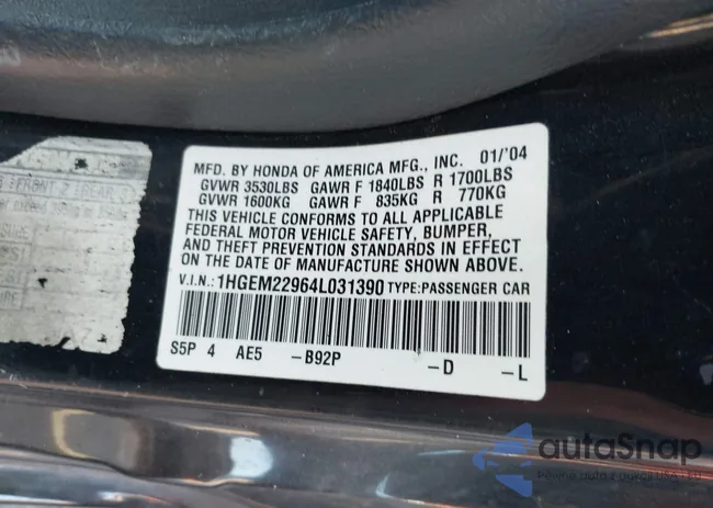 1HGEM22964L031390: 43070910