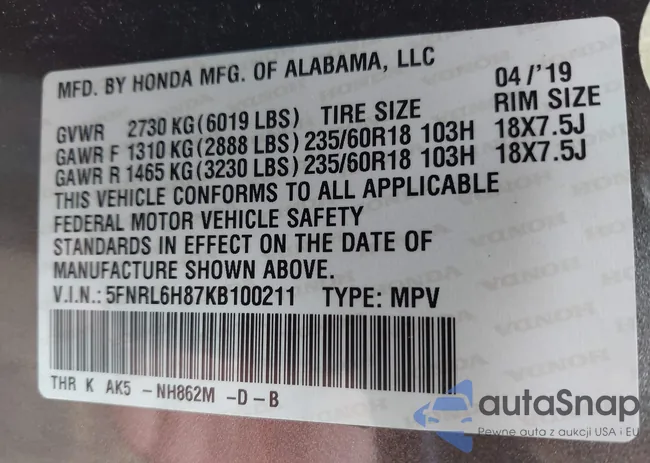 5FNRL6H87KB100211: 43072679