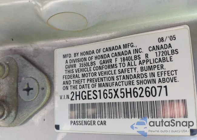 2HGES165X5H626071: 43072011