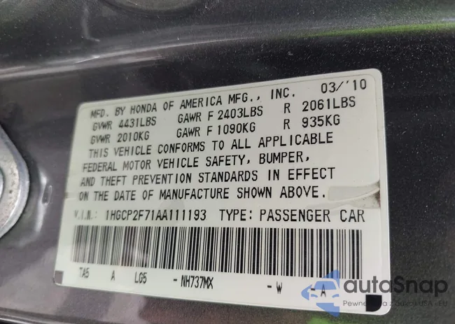 1HGCP2F71AA111193: 43072819