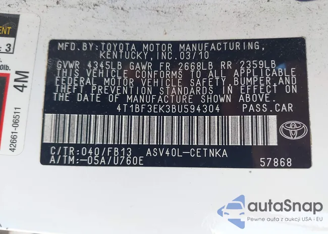 4T1BF3EK3BU594304: 43072985