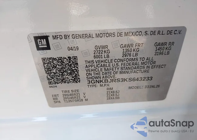 3GNKBJRS3KS643233: 43073001