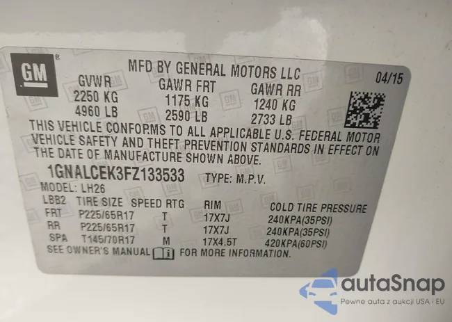 1GNALCEK3FZ133533: 43074233