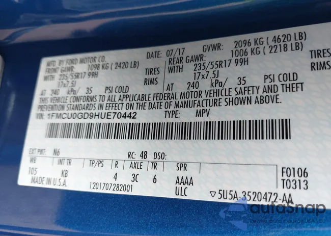 1FMCU0GD9HUE70442: 43075287