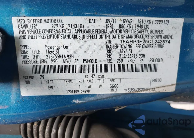 1FAHP3F25CL242574: 43075435