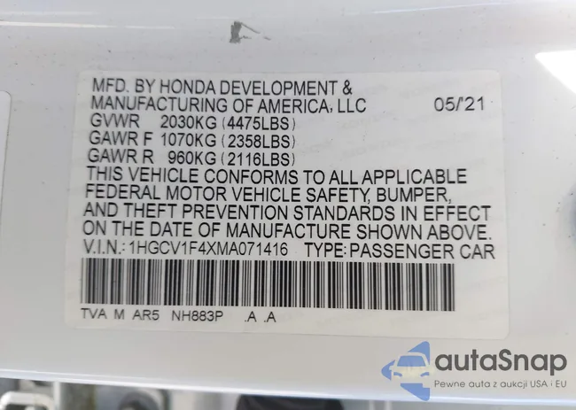 1HGCV1F4XMA071416: 43075997