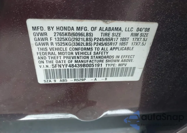 5FNYF48439B005191: 43079251