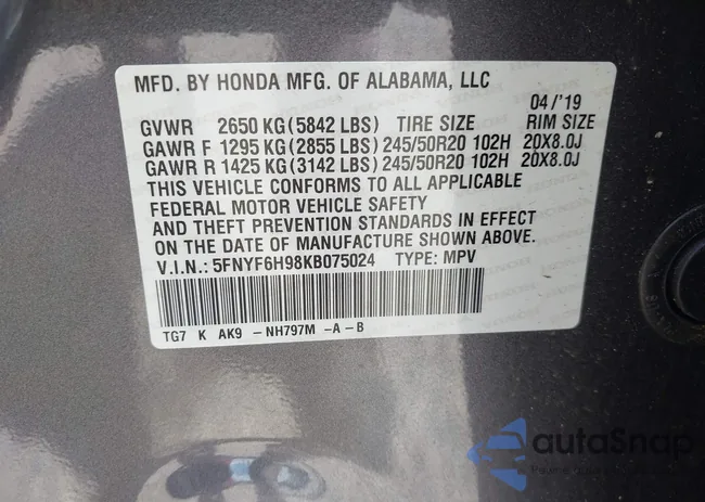 5FNYF6H98KB075024: 43080098