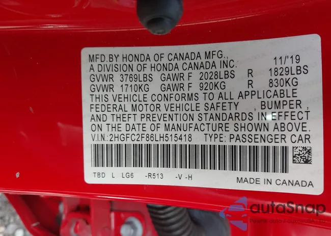 2HGFC2F86LH515418: 43081060