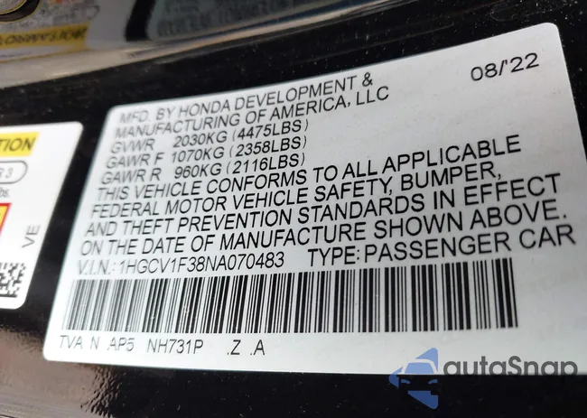 1HGCV1F38NA070483: 43082358