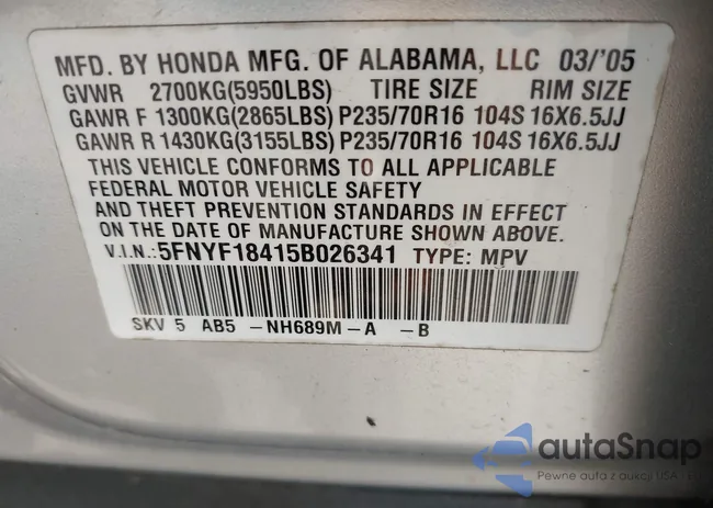 5FNYF18415B026341: 43082713