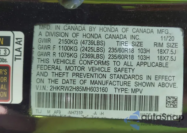 2HKRW2H85MH603160: 43086446