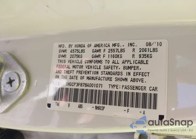 1HGCP3F87BA001071: 43085772