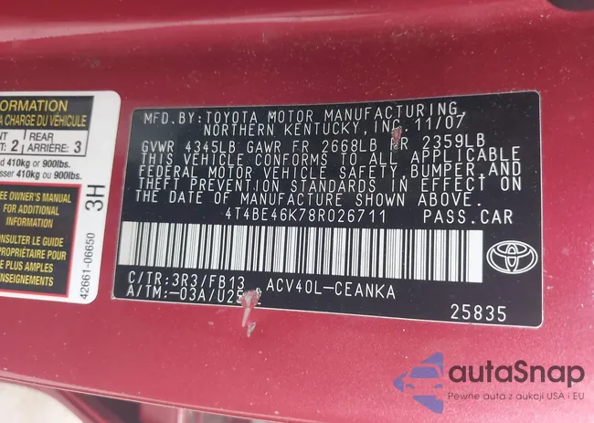 4T4BE46K78R026711: 43086025