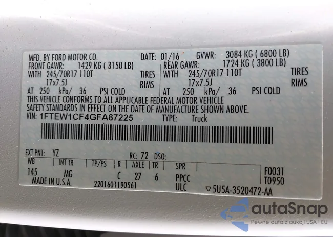 1FTEW1CF4GFA87225: 43087380