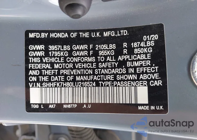 SHHFK7H80LU216524: 43087389