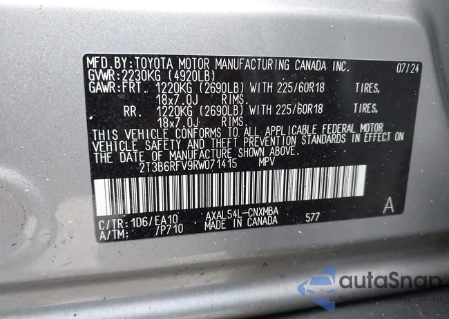 2T3B6RFV9RW071415: 43087573