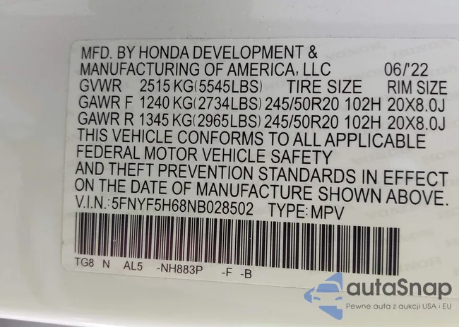 5FNYF5H68NB028502: 43087630