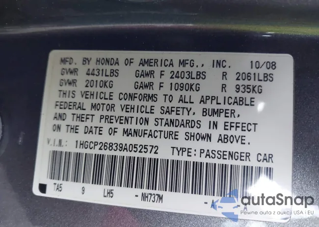 1HGCP26839A052572: 43087653