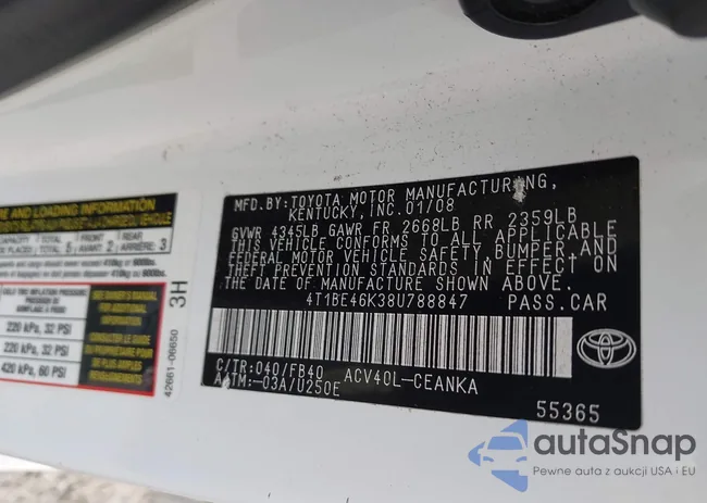 4T1BE46K38U788847: 43087667