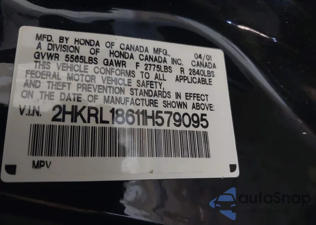 2HKRL18611H579095: 43087089