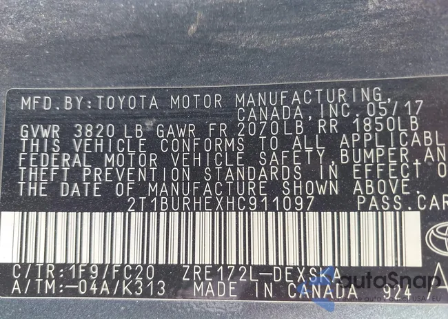 2T1BURHEXHC911097: 43087785