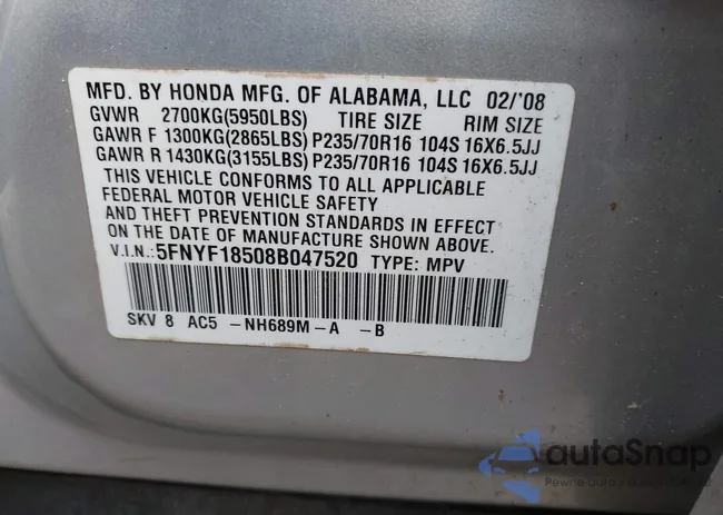 5FNYF18508B047520: 43088049