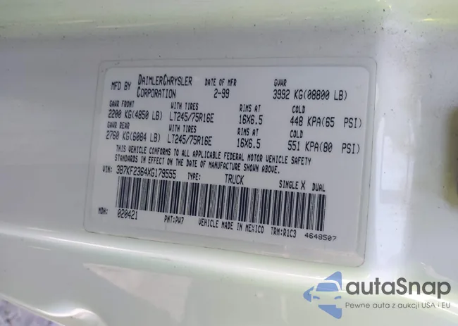 3B7KF2364XG179555: 43089709