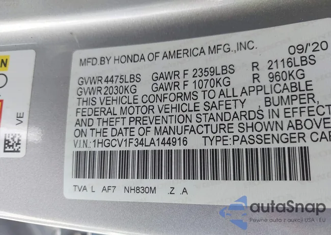 1HGCV1F34LA144916: 43089907