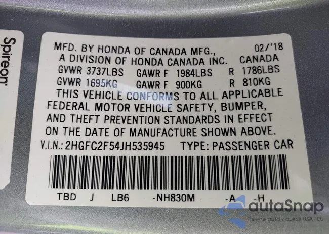 2HGFC2F54JH535945: 43090004