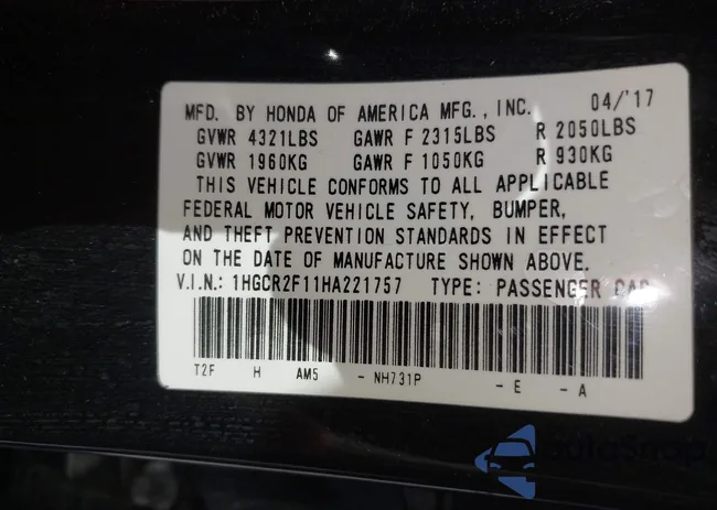 1HGCR2F11HA221757: 43091478