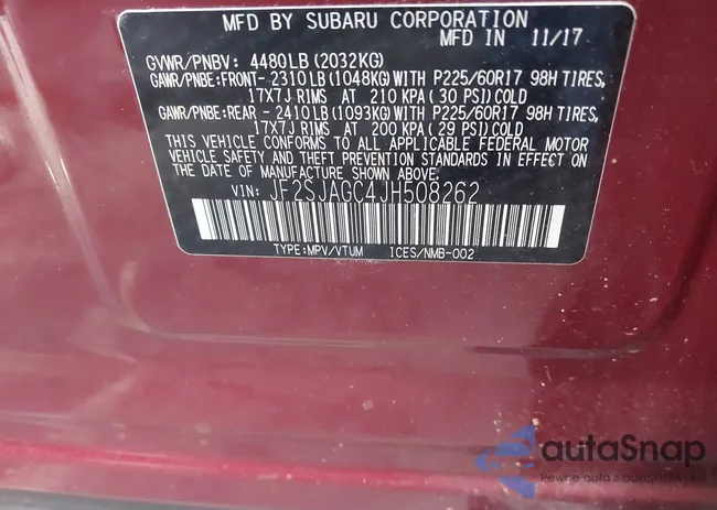 JF2SJAGC4JH508262: 43091647