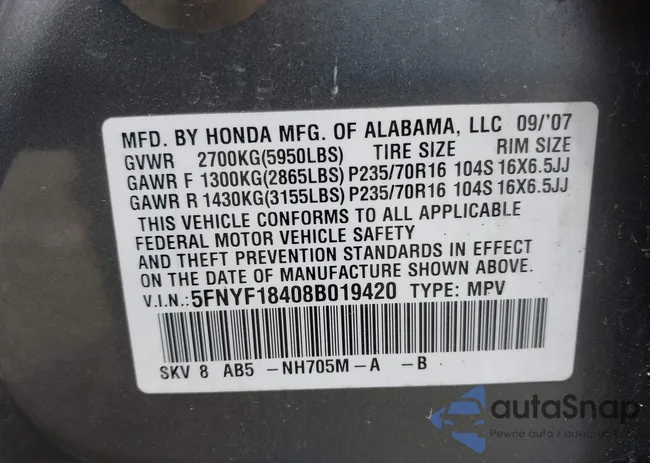 5FNYF18408B019420: 43091079