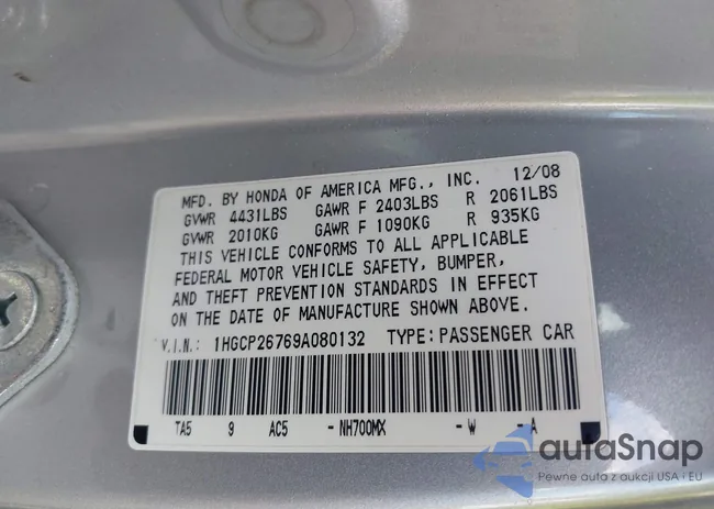 1HGCP26769A080132: 43091846