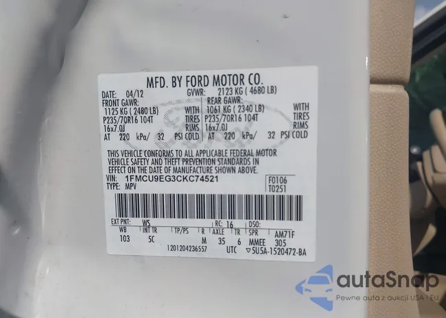 1FMCU9EG3CKC74521: 43093558