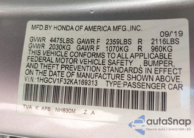 1HGCV1F32KA169313: 43094620