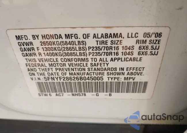 5FNYF28626B045005: 43096307