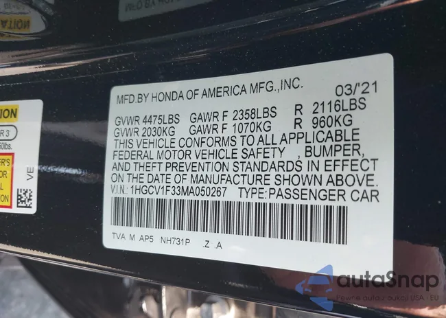 1HGCV1F33MA050267: 43095780