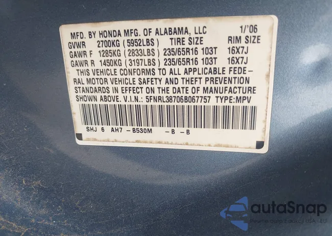 5FNRL38706B067757: 43095987