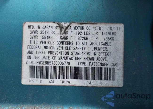 JHMGE8H57CC006779: 43096876