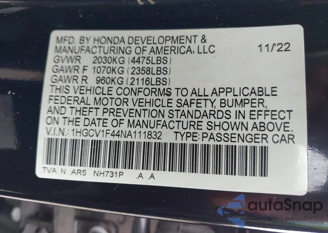 1HGCV1F44NA111832: 43098680