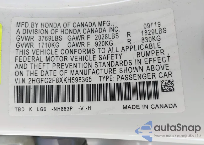 2HGFC2F8XKH598365: 43098030