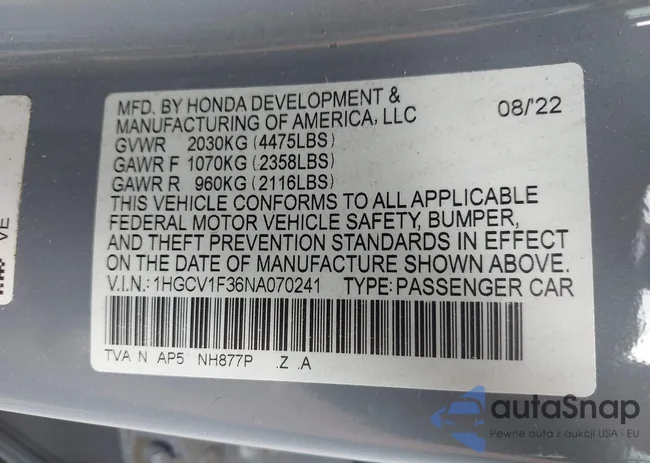 1HGCV1F36NA070241: 43099207